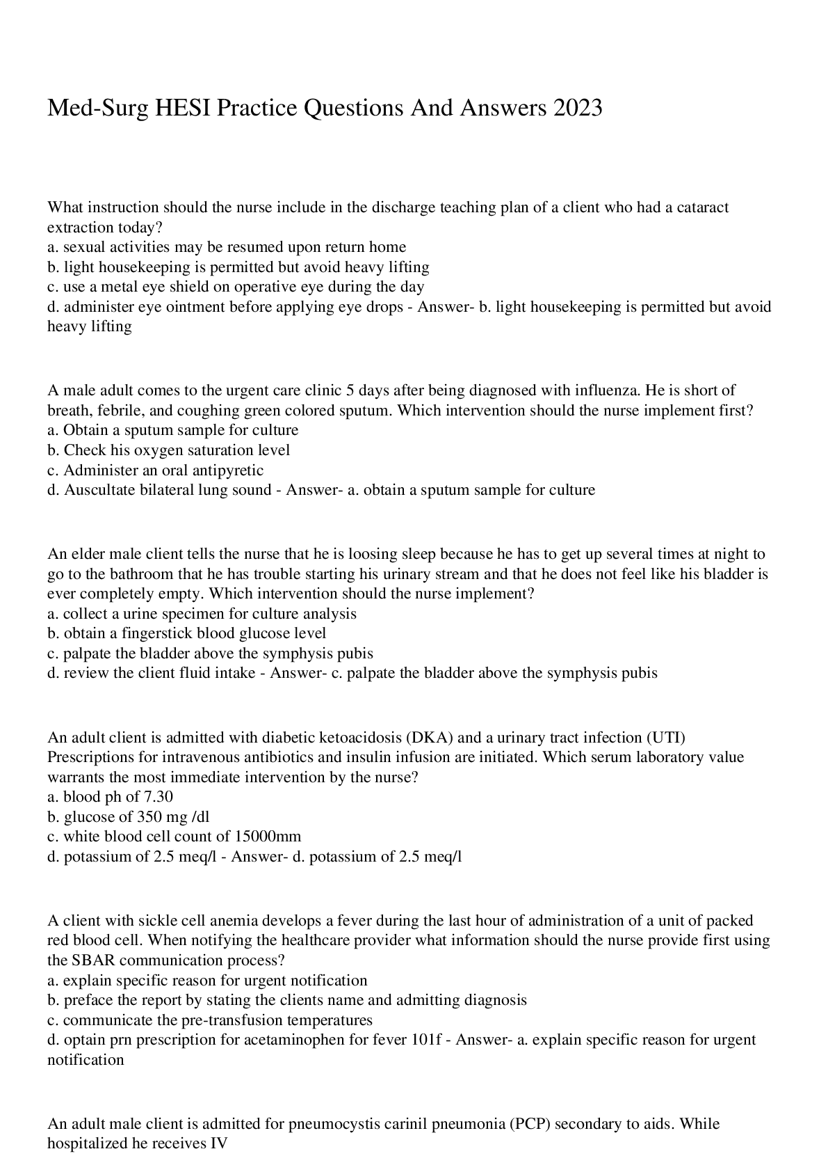 Preview image for Med-Surg HESI Practice Questions And Answers 2023